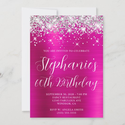 Invitation Parties scintillant d'argent Pink Hot Foil 60e ann (Devant)