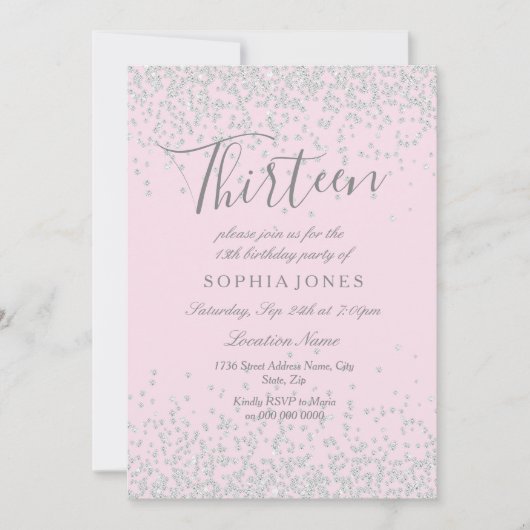 Invitation Parties scintillant d'argent rose 13e anniversaire (Devant)