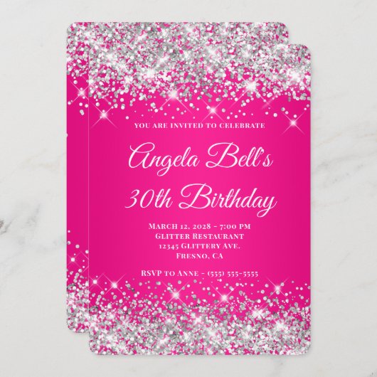 Invitation Parties scintillant d'argent rose chaud Gradient 3 (Devant / Derrière)