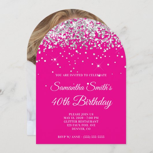 Invitation Parties scintillant d'argent rose chaud photo 40e  (Devant / Derrière)