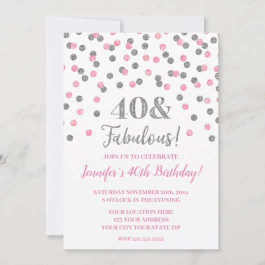 Invitation Parties scintillant d'argent rose Confetti 40 et f (Dos)