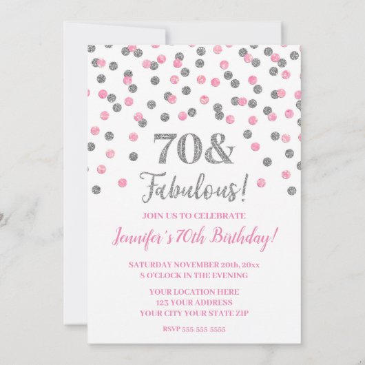 Invitation Parties scintillant d'argent rose Confetti 70 et f (Dos)
