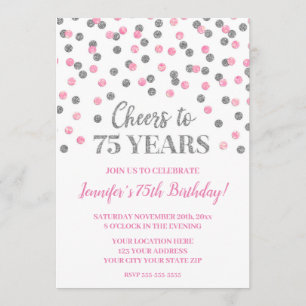 Invitation Parties scintillant d'argent rose Confetti, 75 ans
