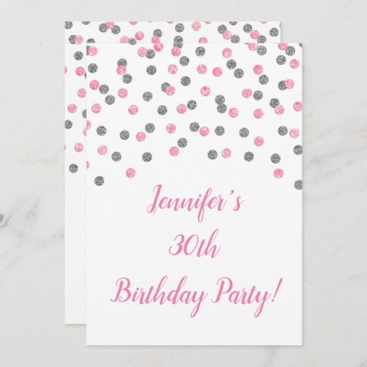 Invitation Parties scintillant d'argent rose Confetti encoura (Devant / Derrière)