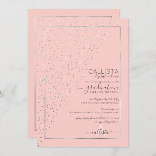 Invitation Parties scintillant d'argent rose Diagonal Confett (Devant / Derrière)