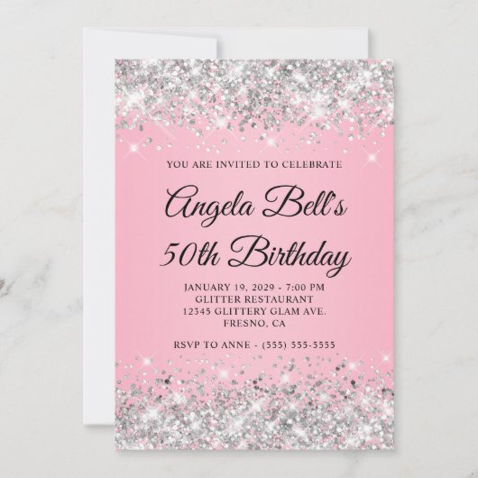 Invitation Parties scintillant d'argent rose fantaisie Monogr (Devant)