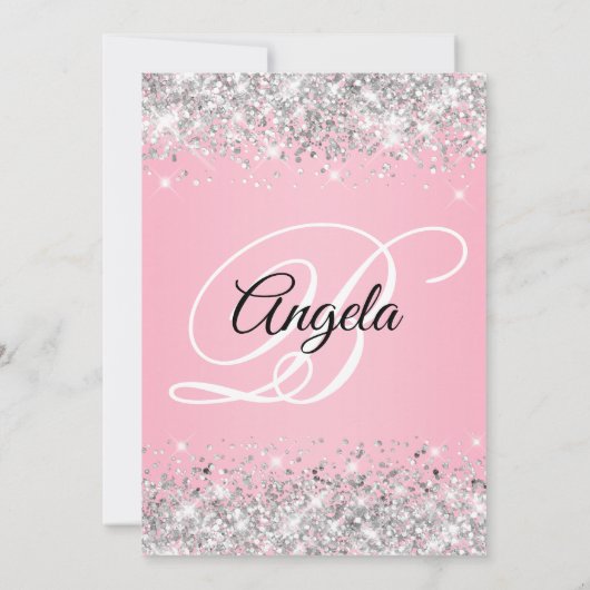 Invitation Parties scintillant d'argent rose fantaisie Monogr (Dos)