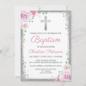 Invitation Parties scintillant d'argent rose floral fille Bap (Devant)