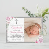 Invitation Parties scintillant d'argent rose floral fille Bap (Debout devant)