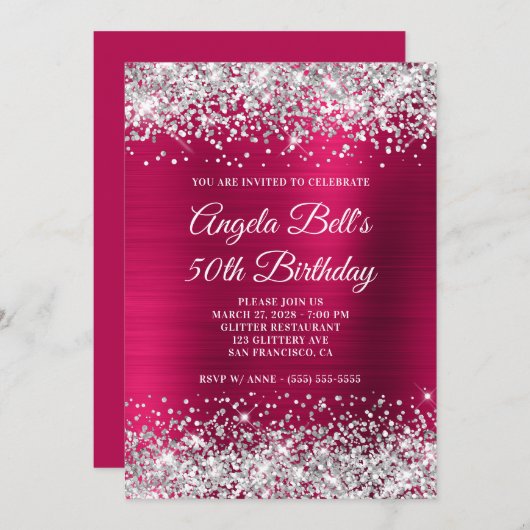 Invitation Parties scintillant d'argent rose foncé huile 50e (Devant / Derrière)