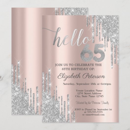 Invitation Parties scintillant d'argent Rose Gold 65e anniver (Devant / Derrière)