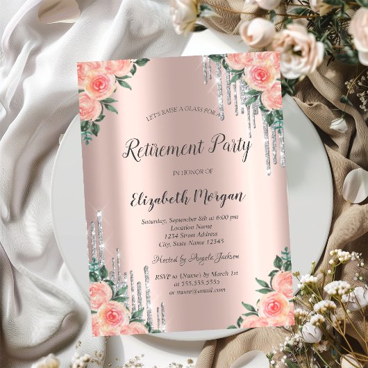 Invitation Parties scintillant d'argent Rose Gold Floral Retr