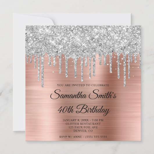 Invitation Parties scintillant d'argent Rose Gold Foil 40e an (Devant)