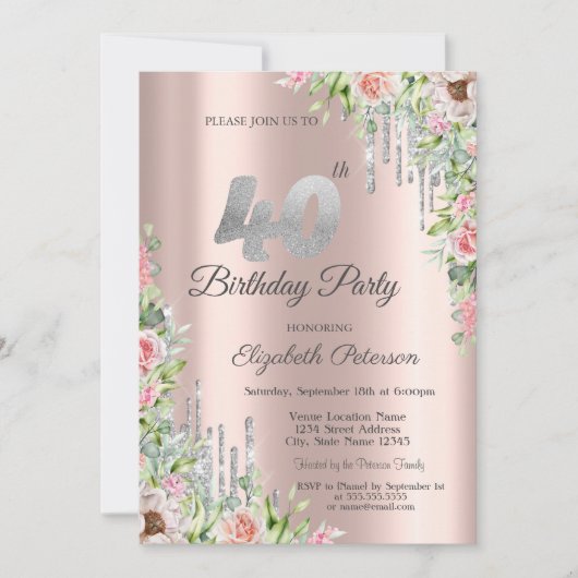 Invitation Parties scintillant d'argent Rose Gold Roses 40e (Devant)