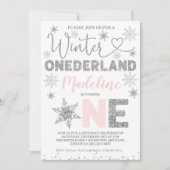 Invitation Parties scintillant d'argent rose Hiver Onederland (Devant)