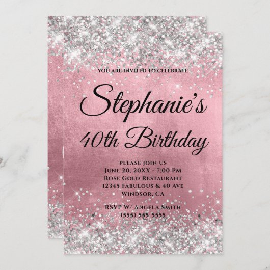 Invitation Parties scintillant d'argent rose huile Fancy Mono (Devant / Derrière)