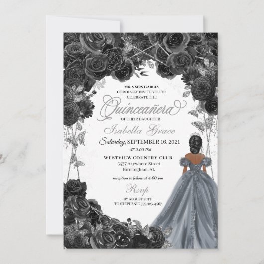 Invitation Parties scintillant d'argent Rose noir espagnol Qu (Devant)