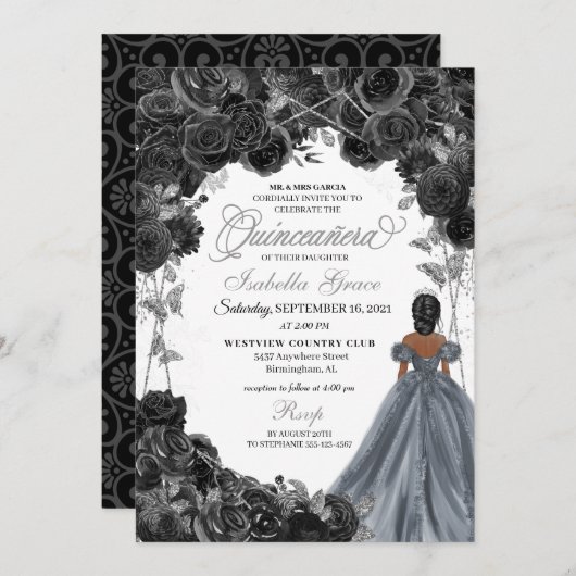 Invitation Parties scintillant d'argent Rose noir espagnol Qu (Devant / Derrière)