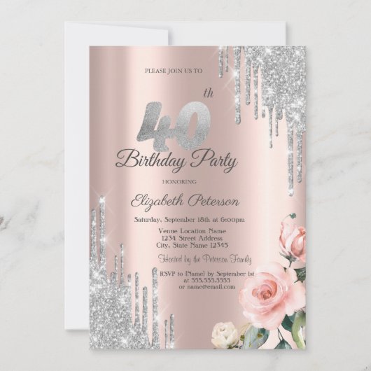 Invitation Parties scintillant d'argent Rose Rose Gold 40e (Devant)