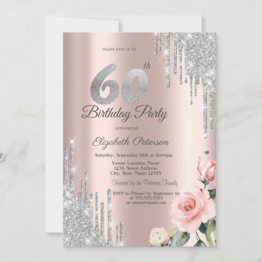 Invitation Parties scintillant d'argent Rose Rose Gold 60e (Devant)