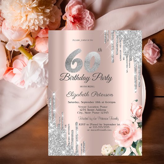 Invitation Parties scintillant d'argent Rose Rose Gold 60e