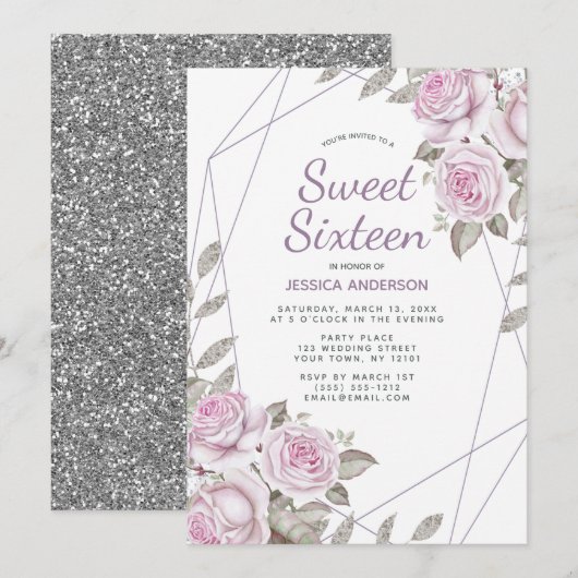 Invitation Parties scintillant d'argent rose violet Sweet six (Devant / Derrière)