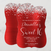 Invitation Parties scintillant d'argent Rouge Glam Sweet 16 (Devant / Derrière)