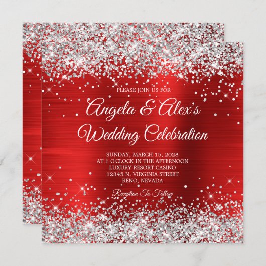 Invitation Parties scintillant d'argent Rouge huile de mariag (Devant / Derrière)