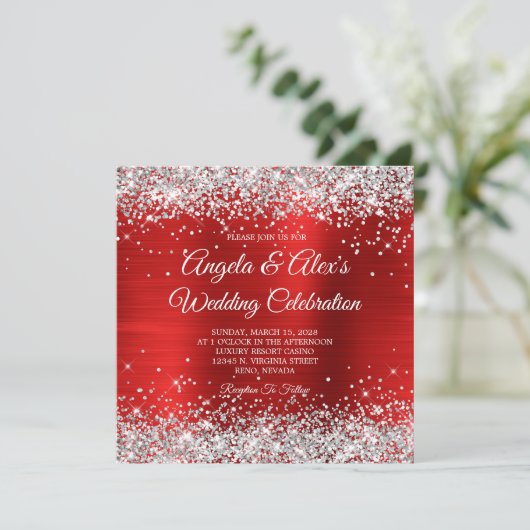 Invitation Parties scintillant d'argent Rouge huile de mariag (Debout devant)