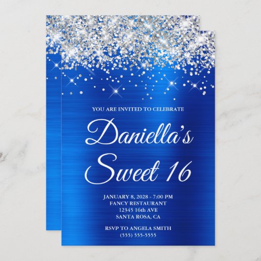 Invitation Parties scintillant d'argent Royal Blue Foil Sweet (Devant / Derrière)