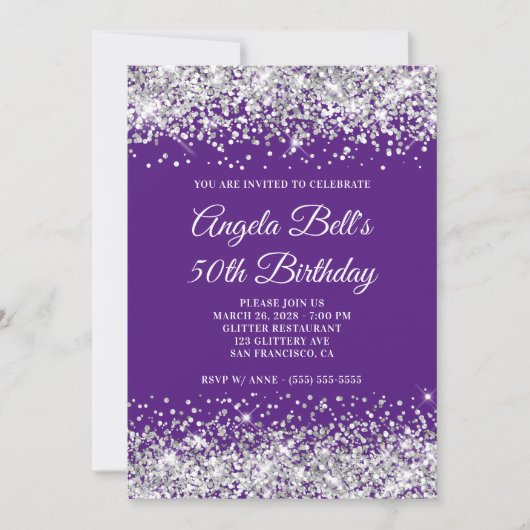 Invitation Parties scintillant d'argent Royal violet Monogram (Devant)
