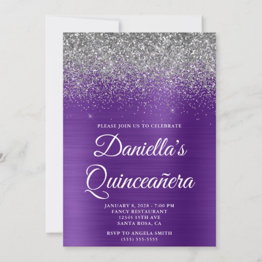 Invitation Parties scintillant d'argent Royal violet photo Qu (Devant)