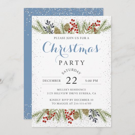 Invitation Parties scintillant d'argent Snow Holly Berries No (Devant / Derrière)