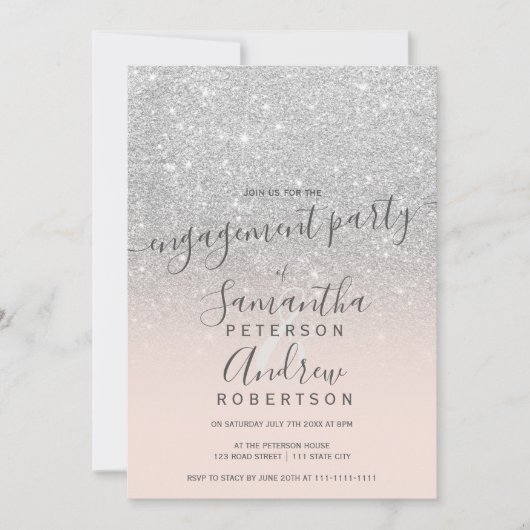 Invitation parties scintillant d'argent sombre script rose pâ (Devant)