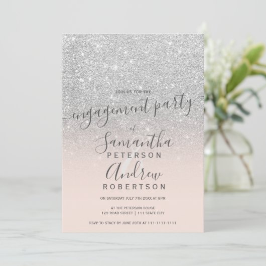 Invitation parties scintillant d'argent sombre script rose pâ (Debout devant)
