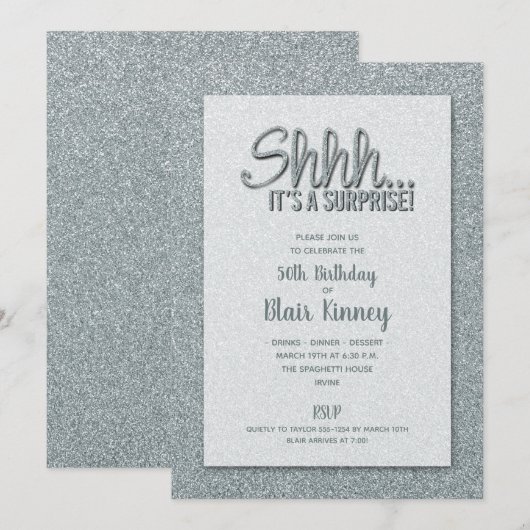 Invitation Parties scintillant d'argent SURPRISE Anniversaire (Devant / Derrière)