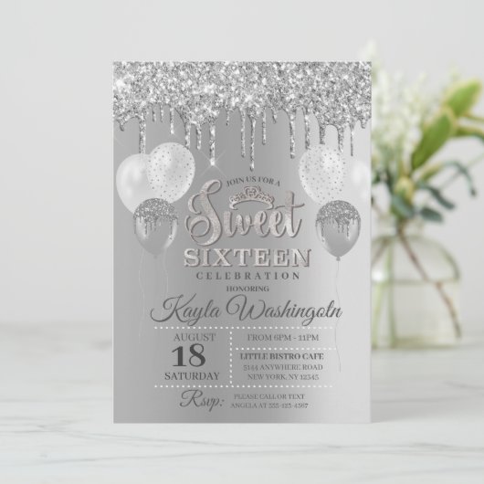 Invitation Parties scintillant d'argent Sweet sixteen d'anniv (Debout devant)