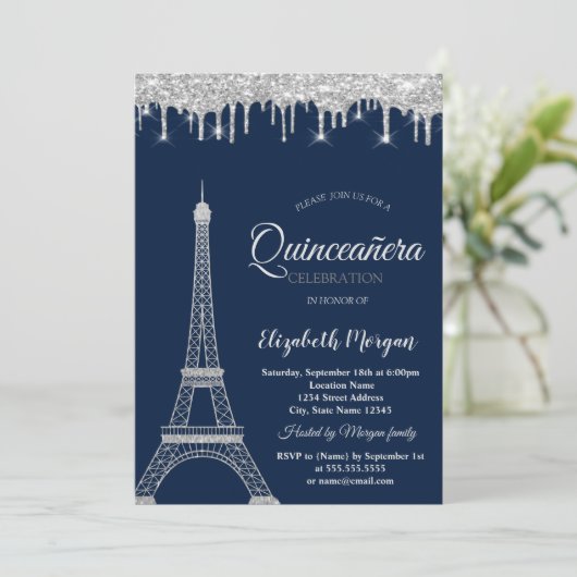 Invitation Parties scintillant d'argent Tour Eiffel, Drives Q (Debout devant)