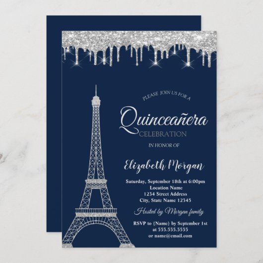 Invitation Parties scintillant d'argent Tour Eiffel, Drives Q (Devant / Derrière)