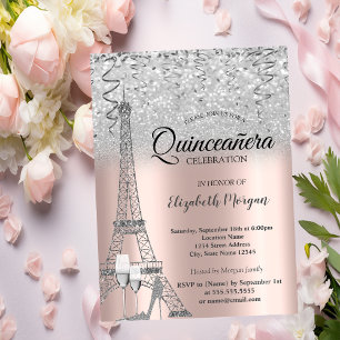 Invitation Parties scintillant d'argent Tour Eiffel, Rose de 