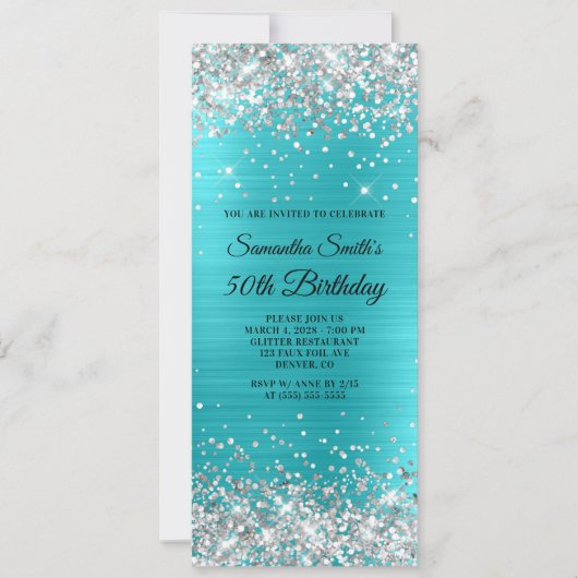 Invitation Parties scintillant d'argent Turquoise Blue Foil 5 (Devant)