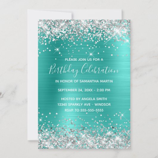 Invitation Parties scintillant d'argent Turquoise Foil fête d (Devant)