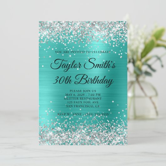 Invitation Parties scintillant d'argent Turquoise Monogramme (Debout devant)