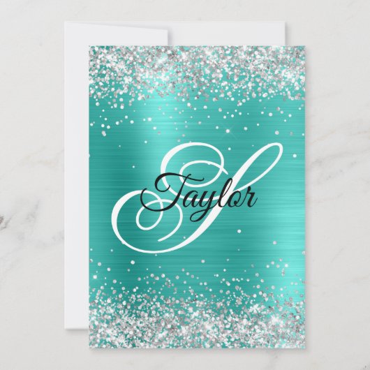 Invitation Parties scintillant d'argent Turquoise Monogramme  (Dos)