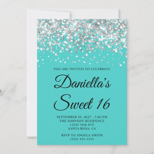 Invitation Parties scintillant d'argent Turquoise Sweet 16 (Devant)
