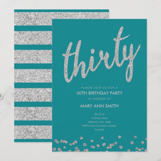Invitation Parties scintillant d'argent turquoise Type 30e fê (Devant / Derrière)