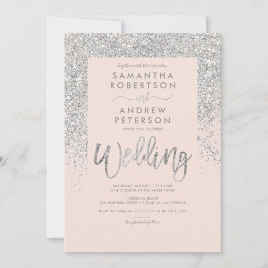 Invitation Parties scintillant d'argent typographie mariage r (Devant)