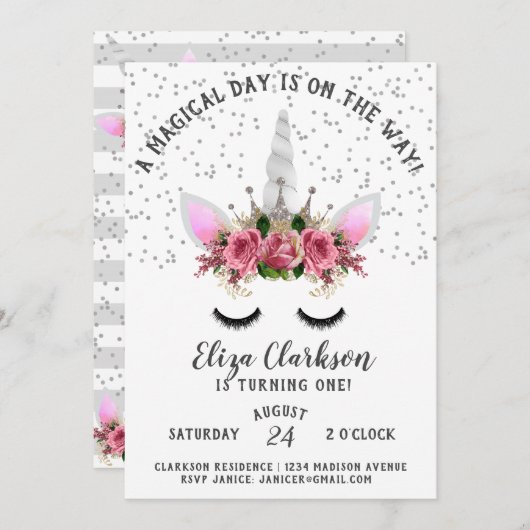 Invitation Parties scintillant d'argent Unicorn Princesse Ann (Devant / Derrière)