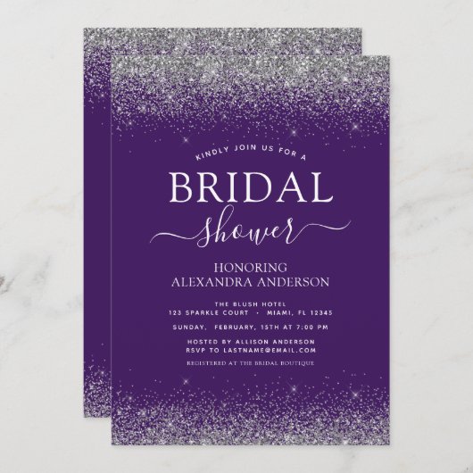 Invitation Parties scintillant d'argent violet Fête des marié (Devant / Derrière)