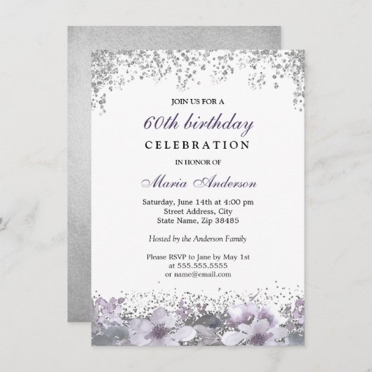 Invitation Parties scintillant d'argent violet fleuri 60e ann (Devant / Derrière)